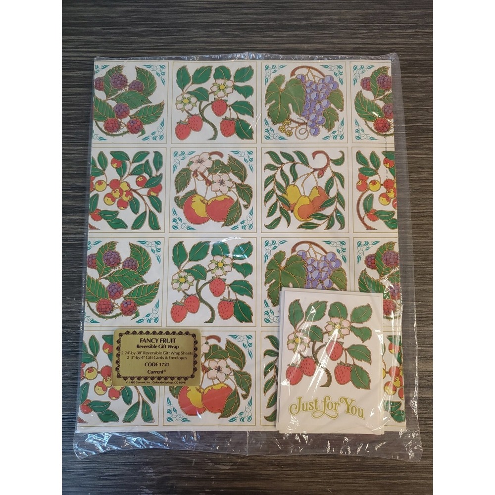 Vtg Fruit Flat Gift Wrapping Paper 2 Sheets 24"x30" NOS, Includes 2 Note Cards